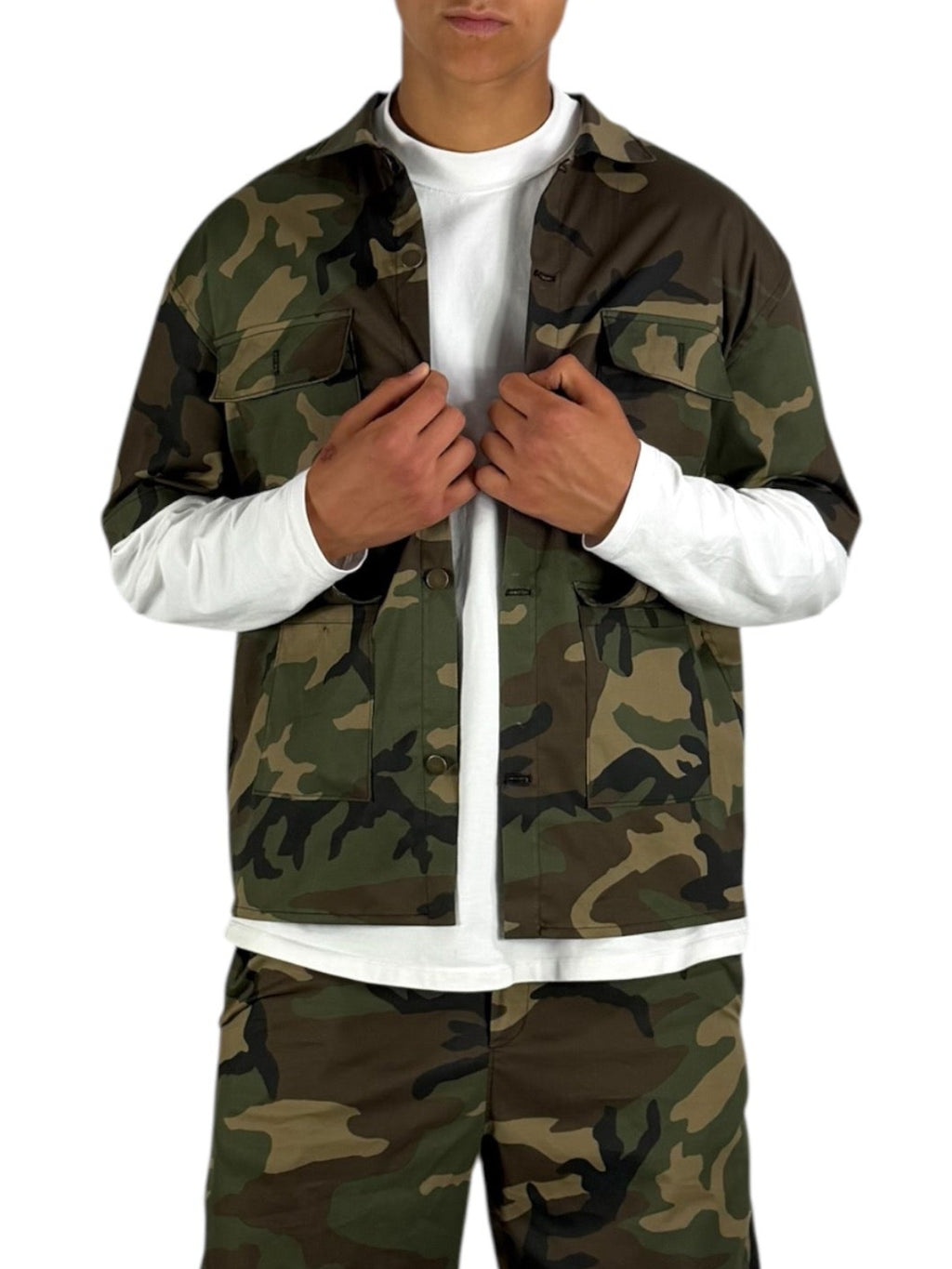 Camicia a manica corta camouflage uomo indossata dal modello