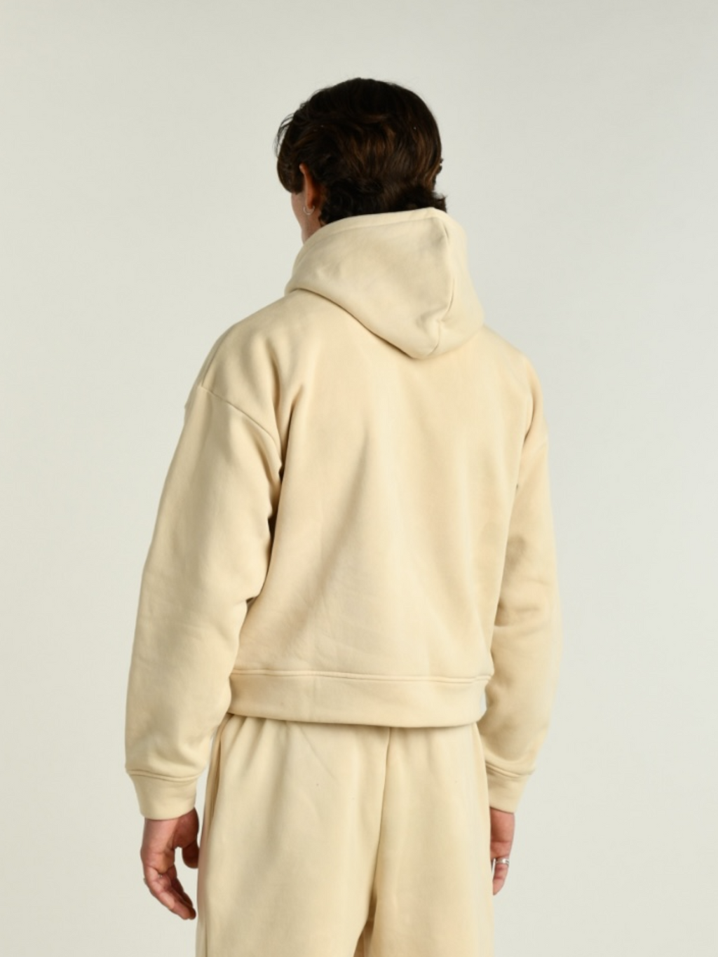 Hoodie beige uomo indossata dal modello vista posteriore 