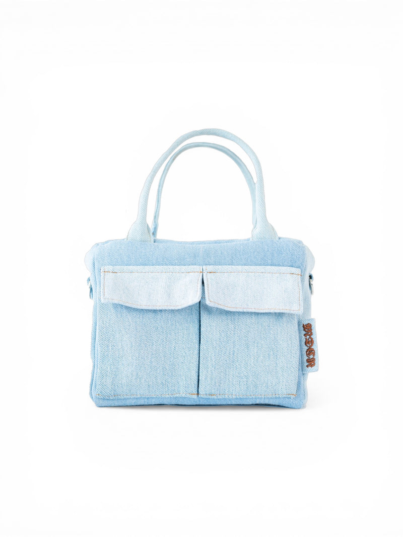 Mini cargo bag denim blu chiaro vista frontale 