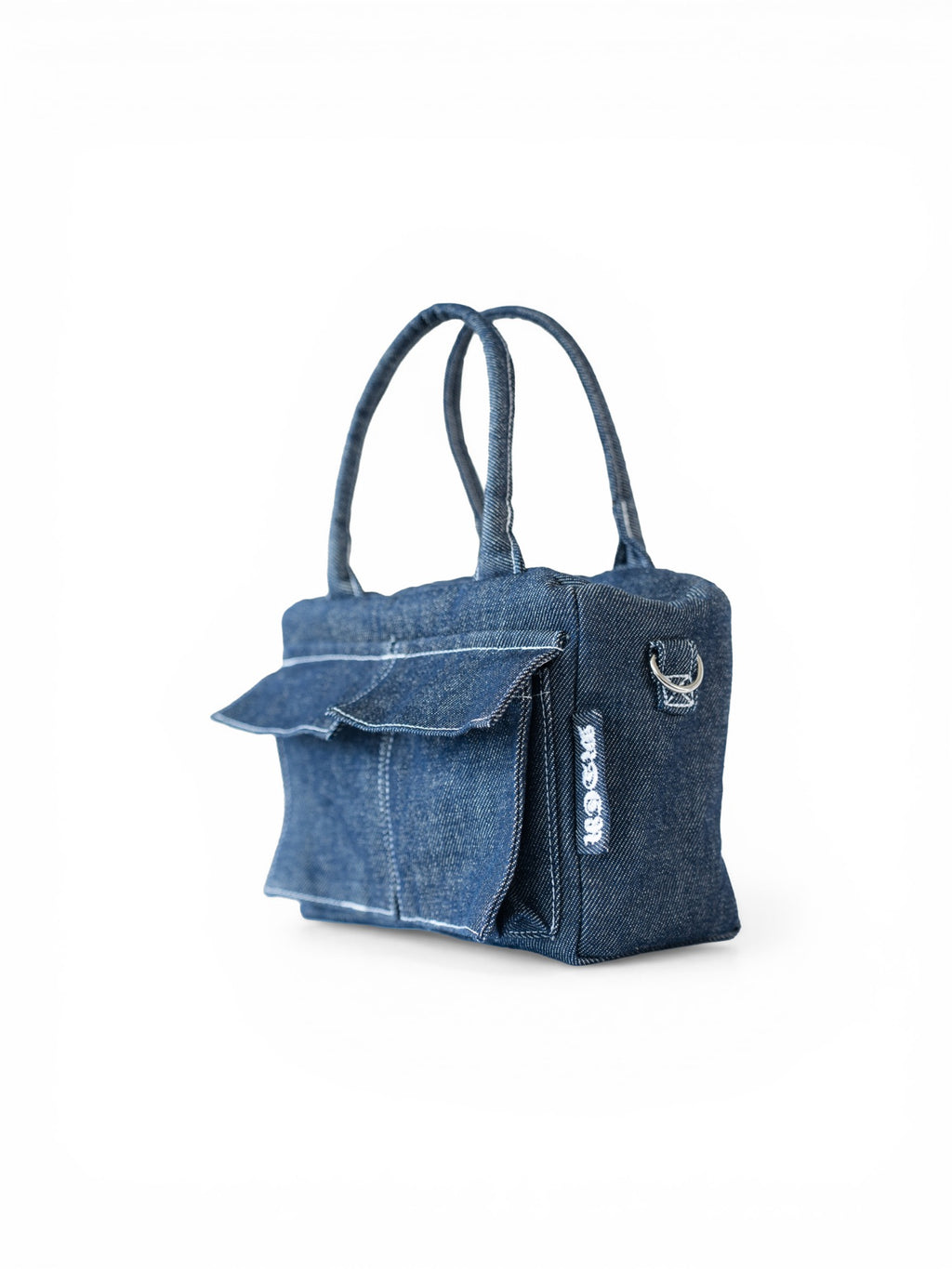 Mini cargo bag denim blu scuro vista laterale 